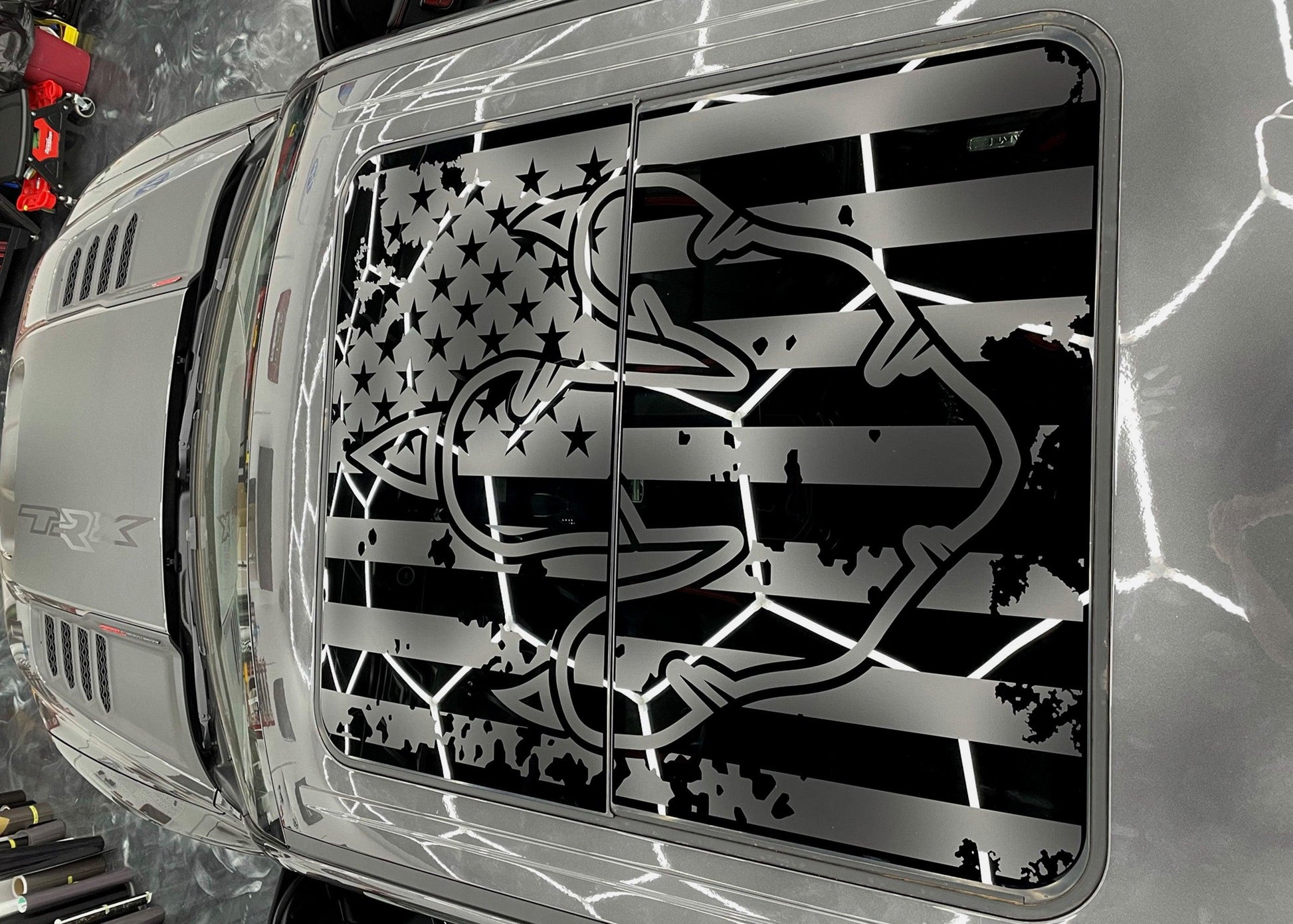 RAM Sunroof Decal - USA Flag w/ T-Rex Footprint Outline - Luxe Auto Concepts