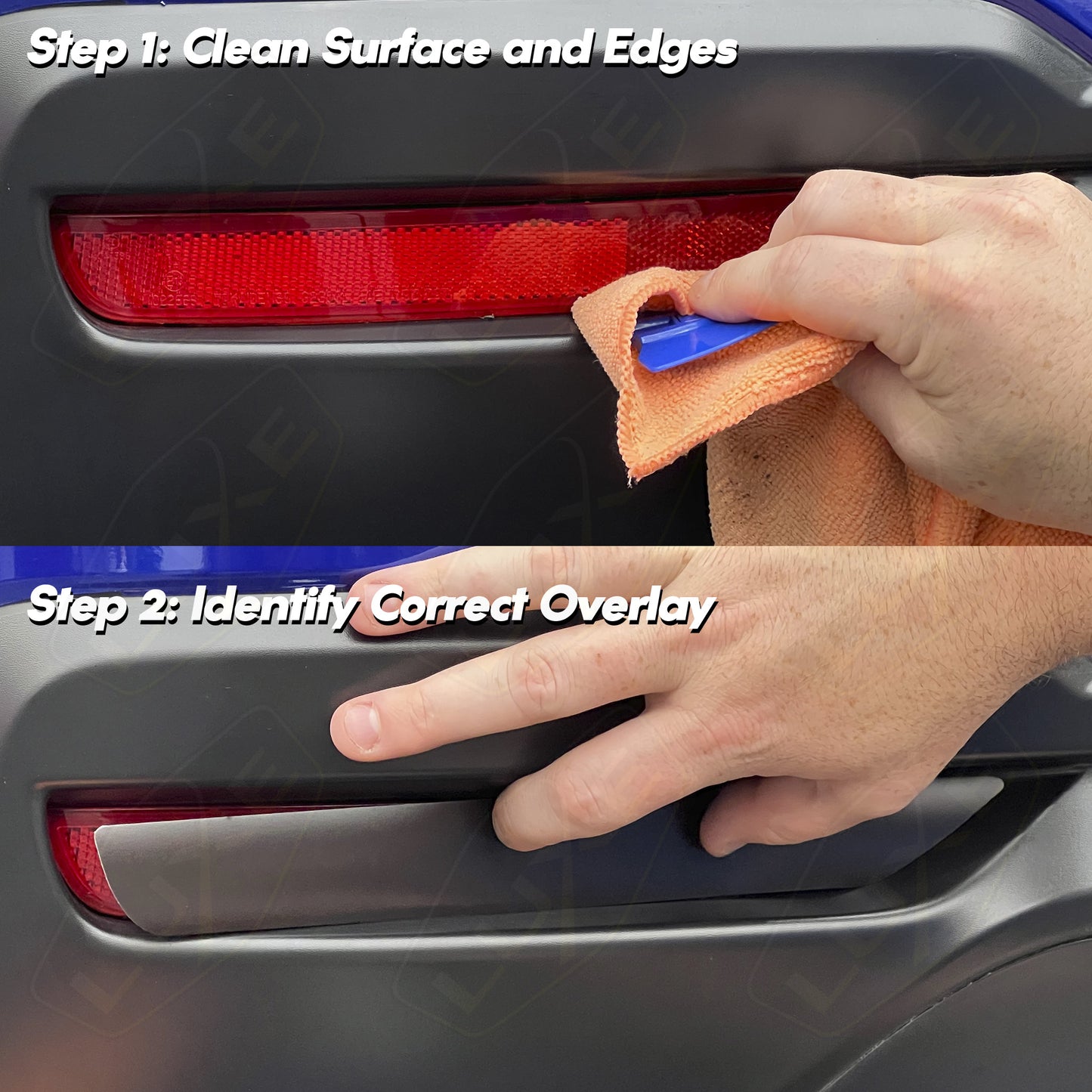 steps 1 and 2 of installing luxe auto concepts subaru forester rear reflector overlay tint kit