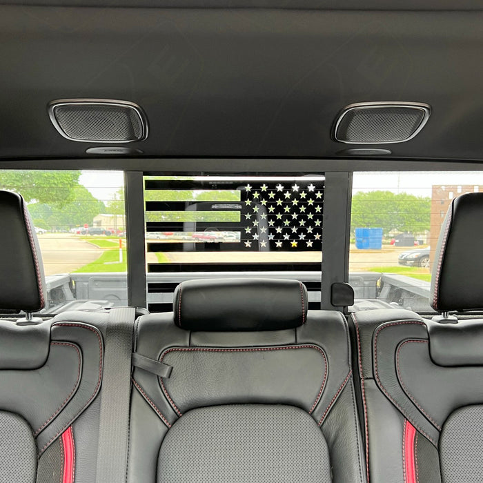 2019+ RAM Back Power Sliding Middle Window Vinyl Decal - Matte Black Distressed American Flag