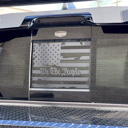 2019+ RAM Back Power Sliding Middle Window Vinyl Decal - Matte Black Distressed We The People Flag